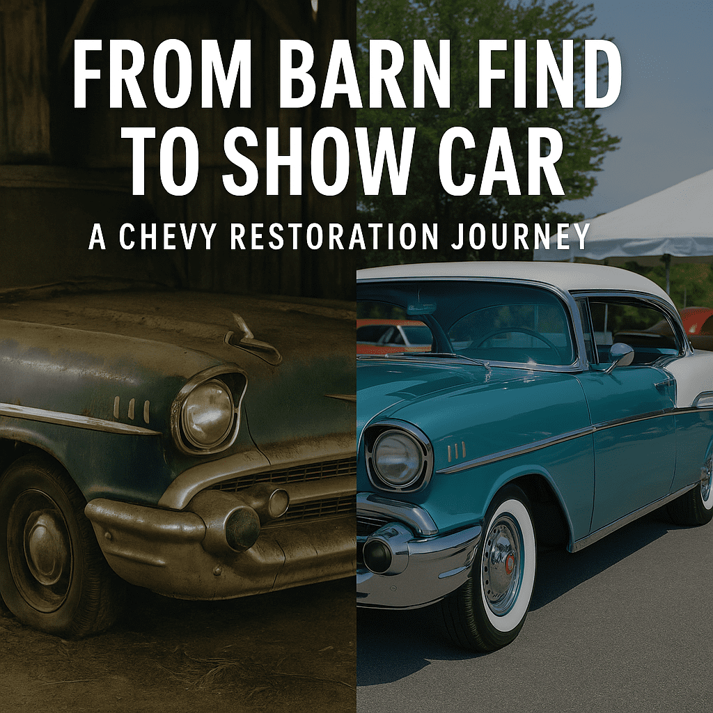 Two 57 Chevy's sitting in front of a barn, one restored and one not.