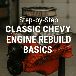 Bright orange Chevy V8 small block engine on a stand in a garage, partially rebuilt with chrome valve covers and air cleaner. Bold white text overlay reads “Step-by-Step Classic Chevy Engine Rebuild Basics.