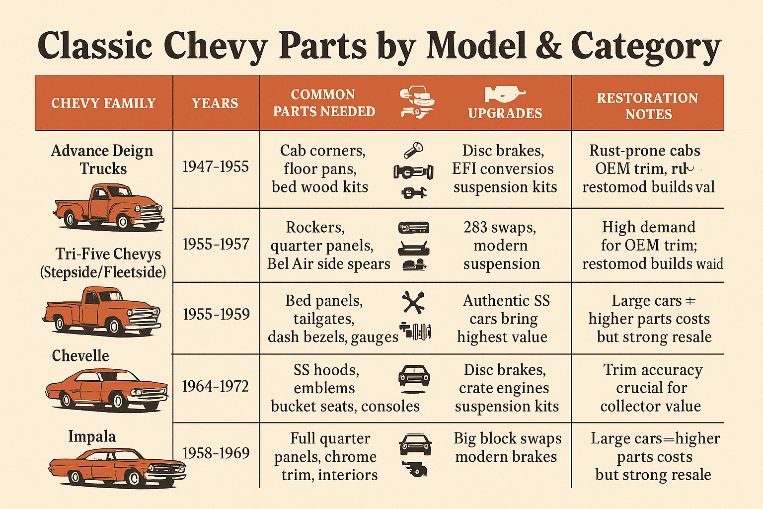 Classic Chevy parts chart showing Advance Design trucks, Tri-Five Chevys, Task Force trucks, Chevelle, Camaro, and Impala with common parts and upgrades.