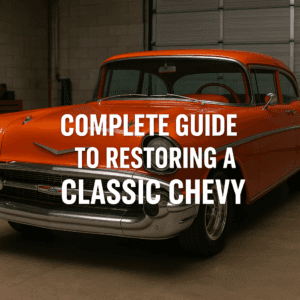 Bright orange 1950s Chevy parked in a garage, freshly restored with gleaming chrome details. Overlay text reads “Complete Guide to Restoring a Classic Chevy.