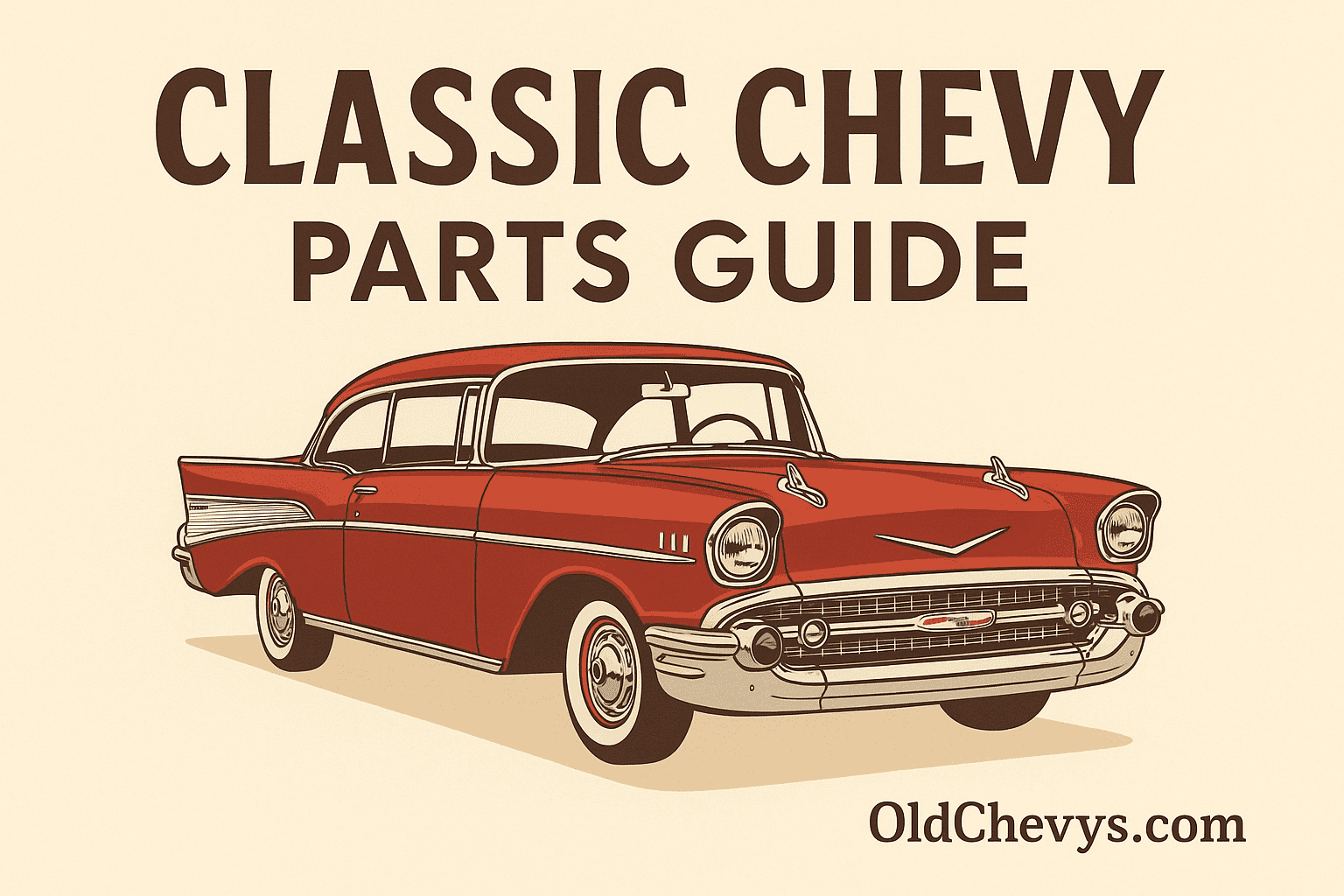 Classic Chevy parts guide illustration featuring a 1957 Chevy Bel Air with chrome trim and vintage styling.