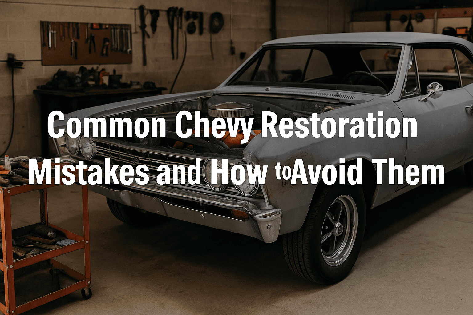 Partially restored classic Chevy Chevelle SS in a garage, with primer-gray body, exposed engine, and tools nearby. Text overlay reads “Common Chevy Restoration Mistakes and How to Avoid Them.