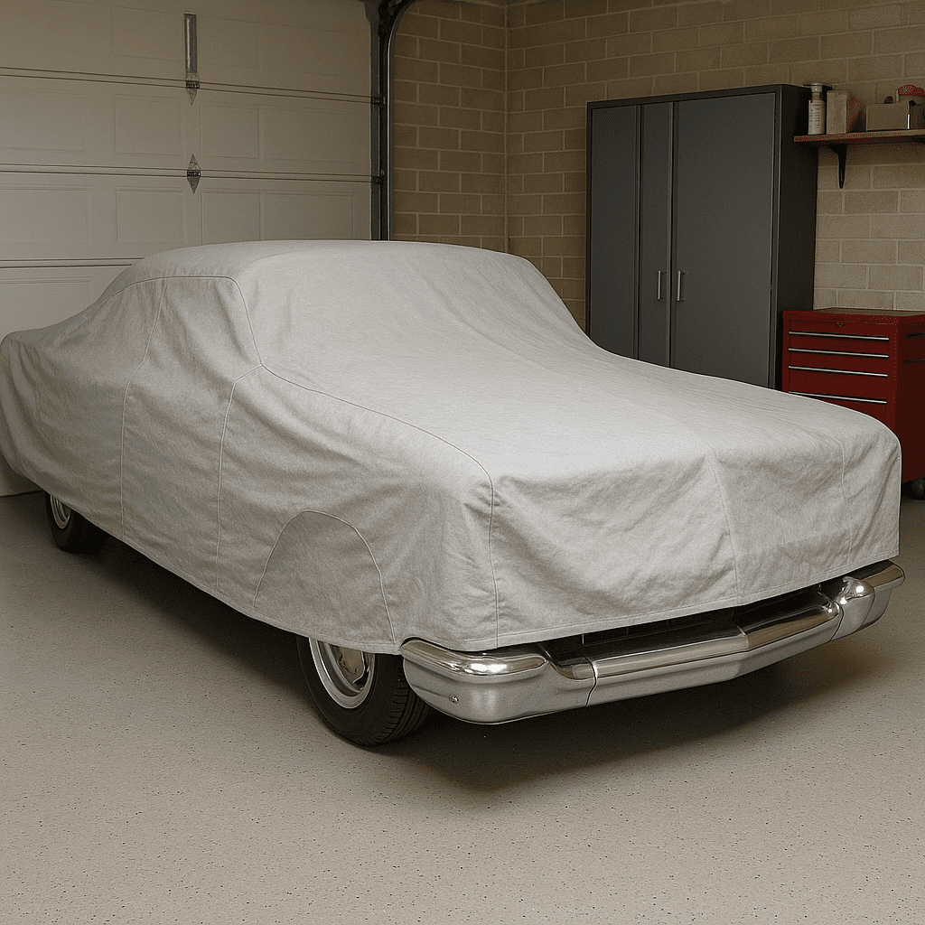Restored Chevy covered with a protective car cover inside a garage.