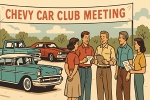 Retro illustration of a Chevy car club meeting with classic Bel Air, Chevelle SS, and C10 pickup on display.
