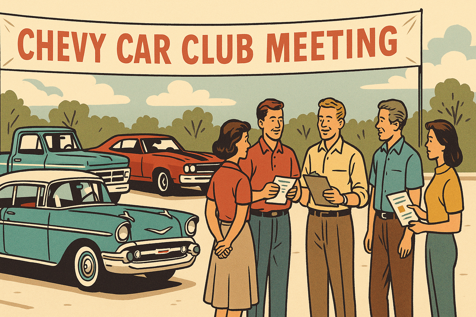 Retro illustration of a Chevy car club meeting with classic Bel Air, Chevelle SS, and C10 pickup on display.