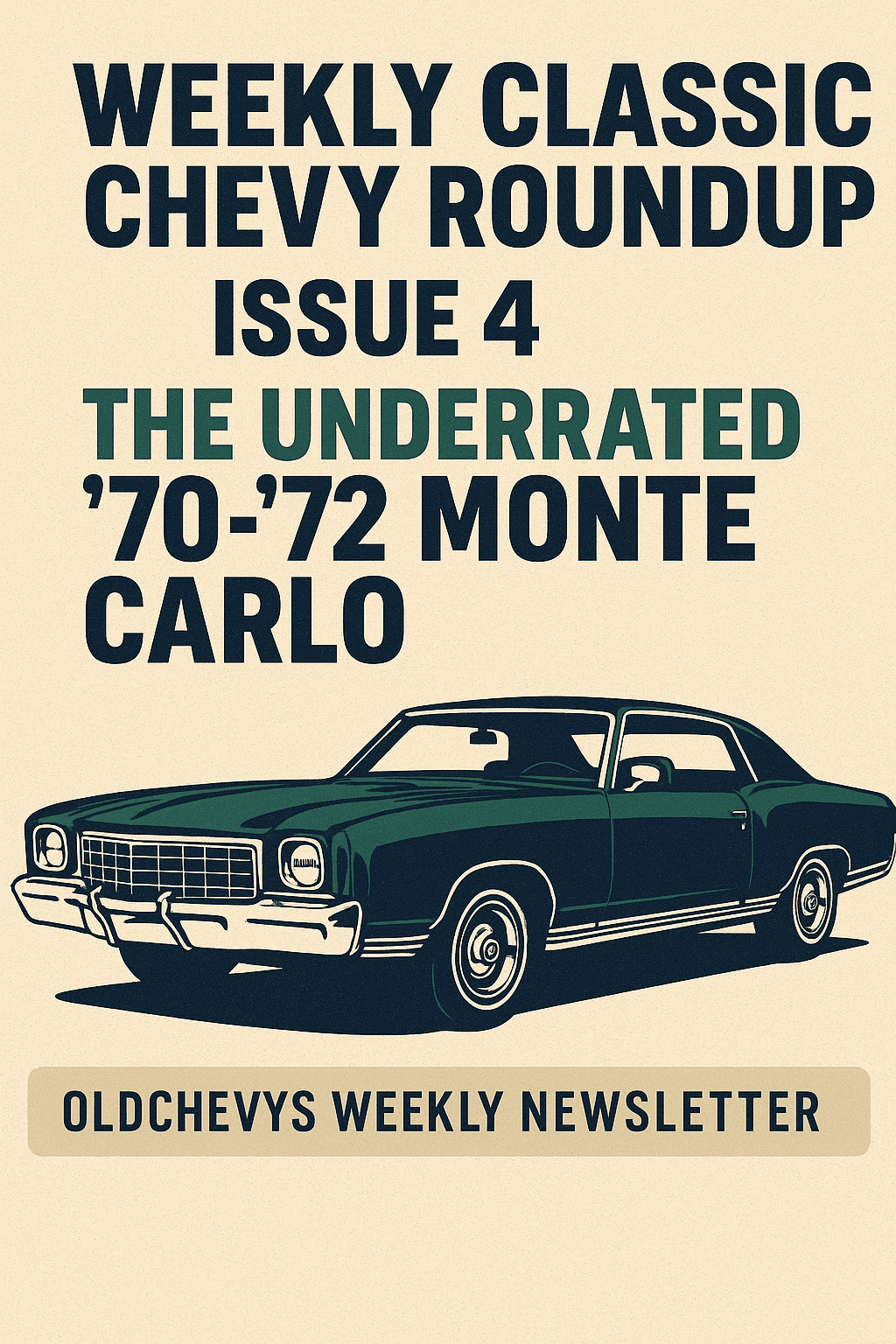 Vintage-style featured image for OldChevys Weekly Newsletter Issue #4. Retro cream background with bold text highlighting the underrated 1970–1972 Chevy Monte Carlo, illustrated in deep green with chrome trim.
