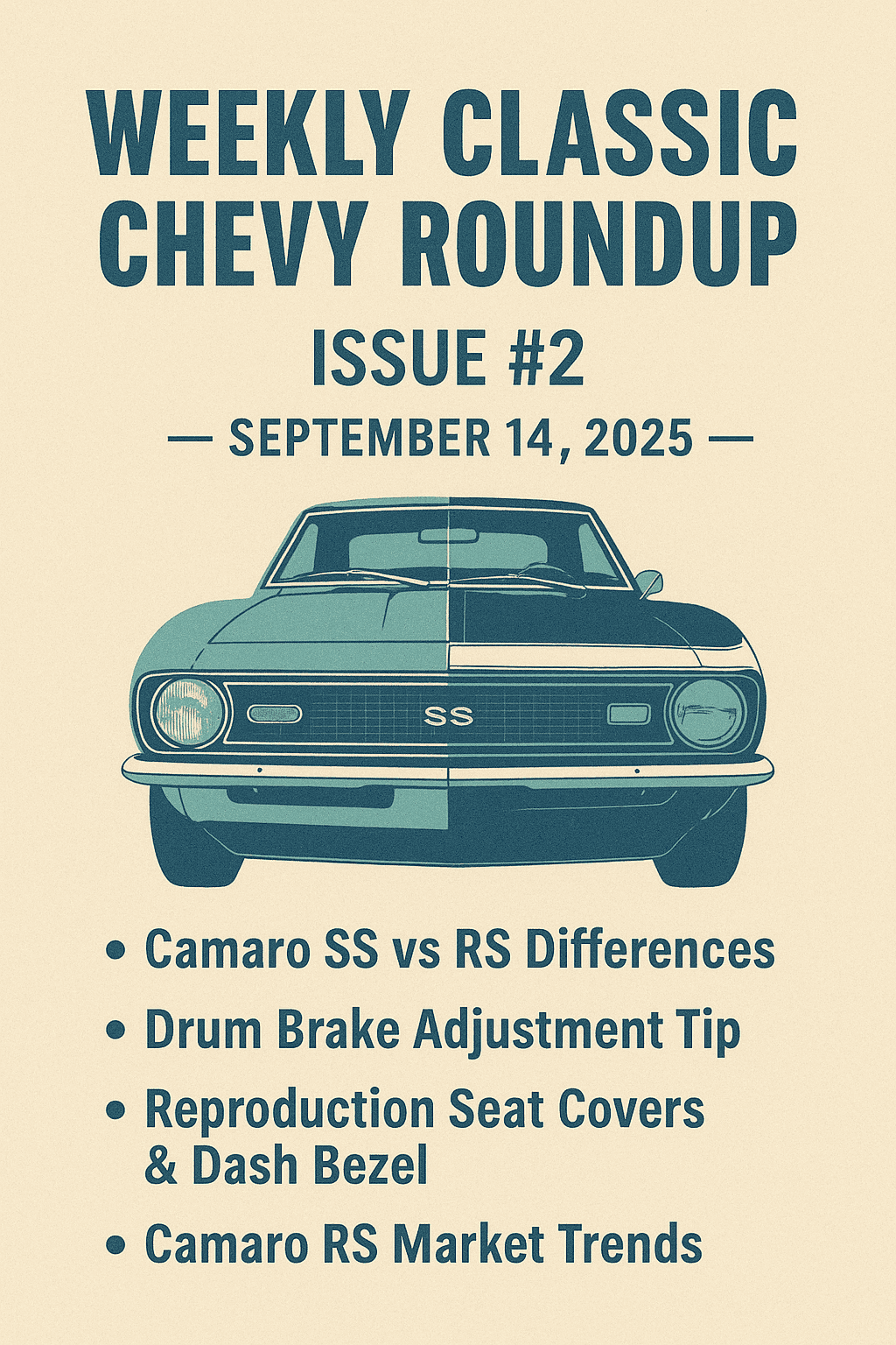 Vintage-style featured image for OldChevys Weekly Newsletter Issue #2, dated September 14, 2025. Retro cream background with bold text ‘Weekly Classic Chevy Roundup – Issue #2’. Illustration of a first-generation Camaro SS with exposed headlights and badging side by side with a Camaro RS featuring hidden headlights, highlighting key differences.
