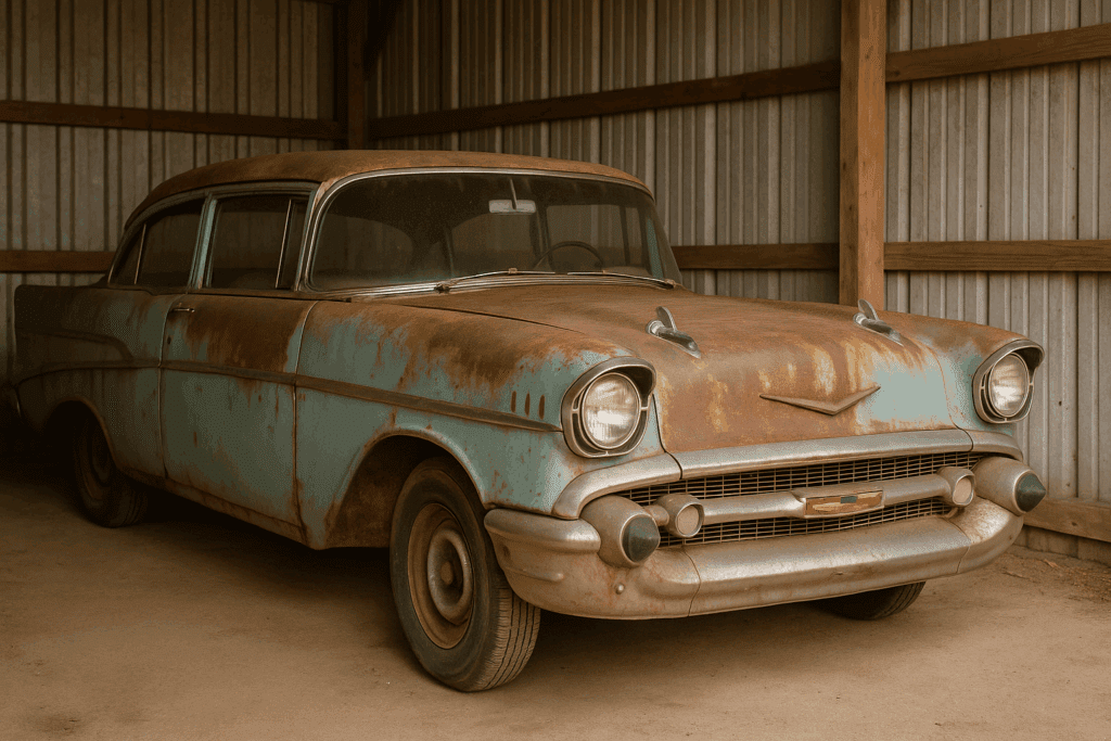 Unrestored Chevy Bel Air project car with faded paint and rust spots in a barn.