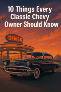 Classic 1957 Chevy Bel Air parked at a retro diner, representing timeless style and essential tips for classic Chevy owners.