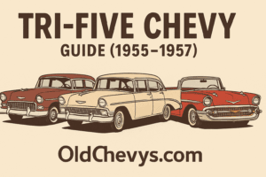 Tri-Five Chevy guide illustration showing 1955, 1956, and 1957 classic American cars side by side in vintage retro design.