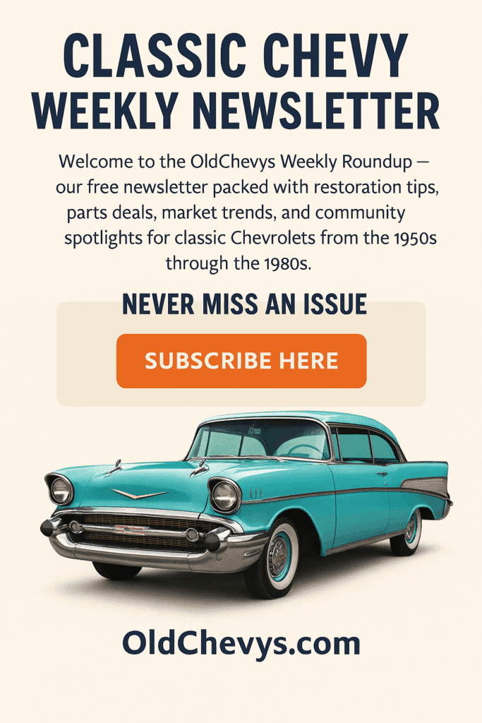 Vintage-style promotional graphic for the OldChevys Weekly Newsletter. Cream background with bold navy text reading 'Classic Chevy Weekly Newsletter.' Includes a turquoise 1957 Chevy Bel Air illustration at the bottom, a subscription call-to-action button labeled 'Subscribe Here,' and text highlighting restoration tips, parts deals, market trends, and community spotlights for classic Chevrolets from the 1950s–1980s.