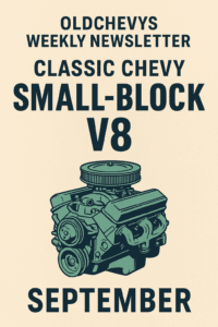 Vintage-style featured image for OldChevys Weekly Newsletter Issue #3. Retro cream background with bold text reading ‘Classic Chevy Small-Block V8 – September’. Illustration of a classic Chevrolet small-block V8 engine with chrome valve covers and carburetor, styled like a mid-century magazine graphic.