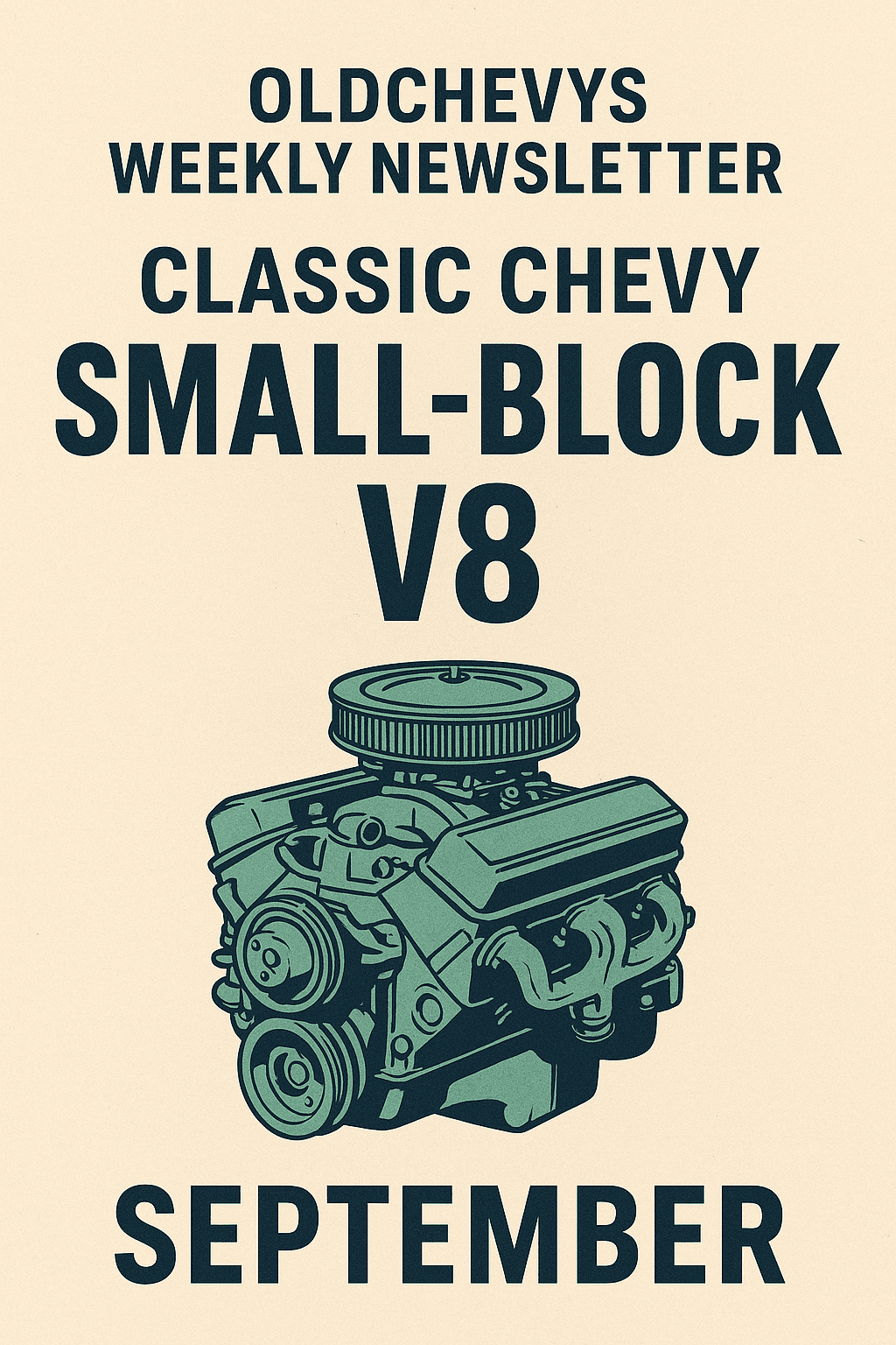 Vintage-style featured image for OldChevys Weekly Newsletter Issue #3. Retro cream background with bold text reading ‘Classic Chevy Small-Block V8 – September’. Illustration of a classic Chevrolet small-block V8 engine with chrome valve covers and carburetor, styled like a mid-century magazine graphic.