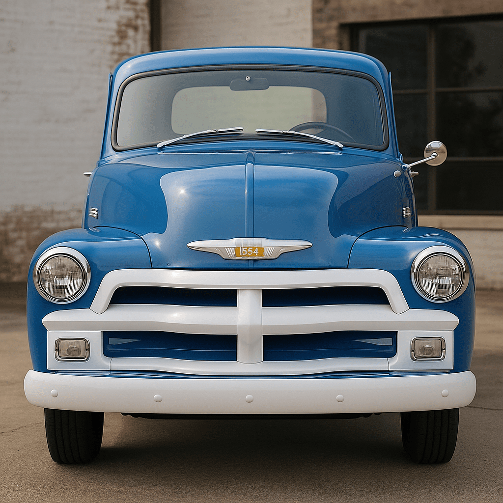 Front view of a 1954 Chevy 3100 pickup with revised grille and one-piece windshield