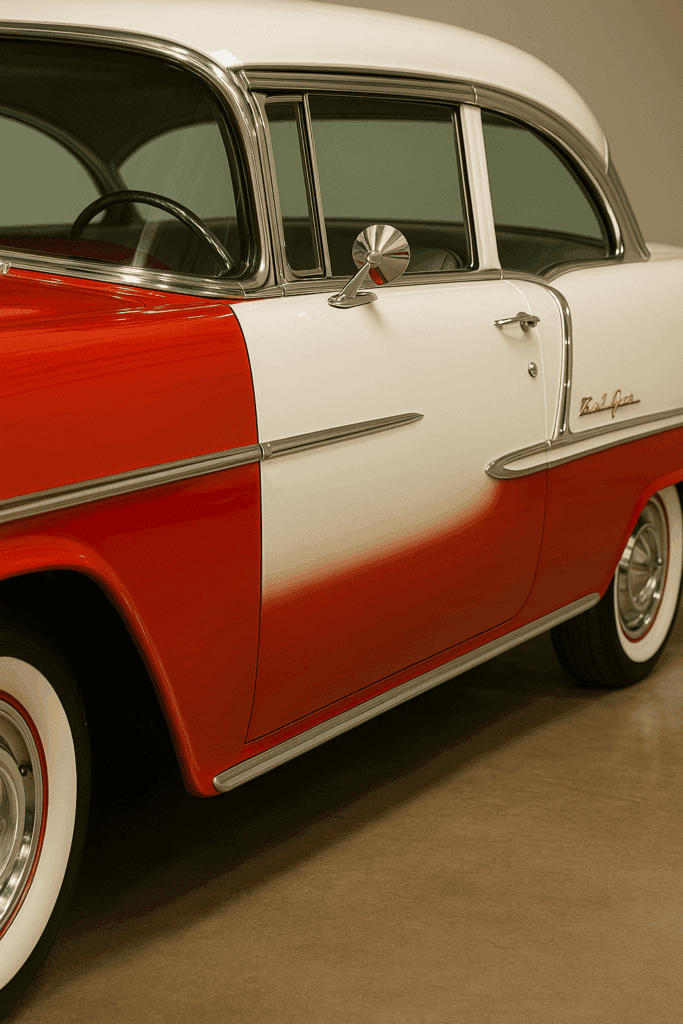 Polished chrome and side trim on a restored 1955 Chevy Bel Air