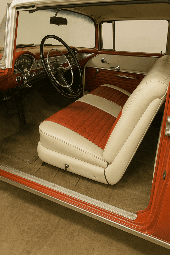 Two-tone vinyl interior of a 1955 Chevy Bel Air under restoration