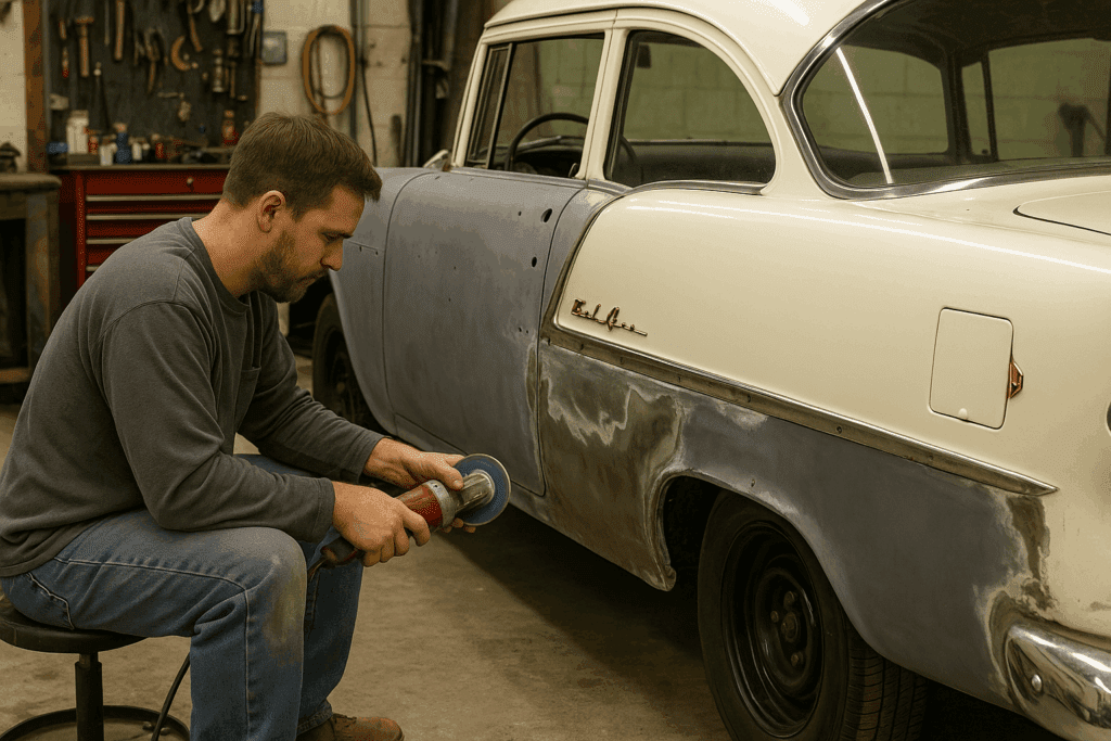 Mechanic repairing body panels on a 1955 Chevy Bel Air in a garage