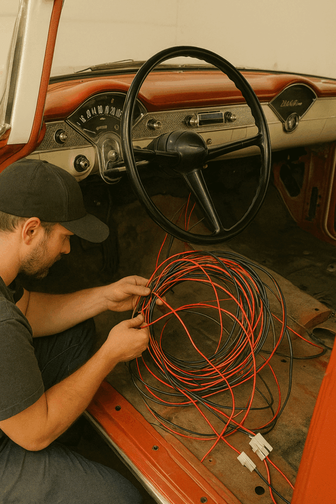 Mechanic installing 12-volt wiring harness in a 1955 Chevy Bel Air
