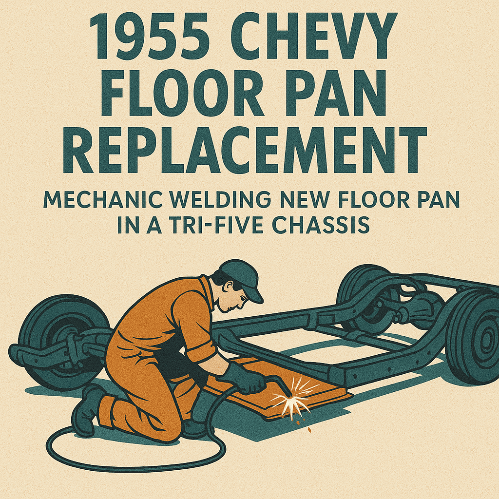Mechanic welding new floor pans in a Tri-Five chassis