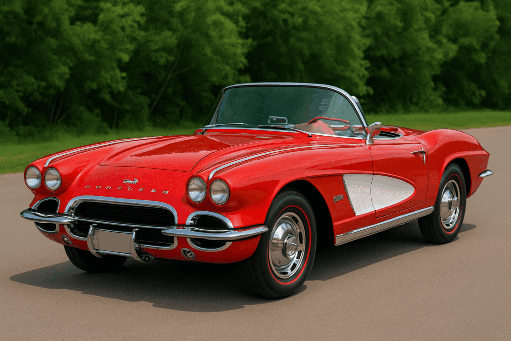Red 1962 Chevrolet Corvette C1 convertible with white side coves and chrome accents parked outdoors