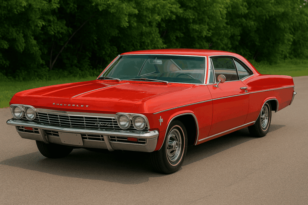 Restored red 1965 Chevrolet Impala two-door hardtop with chrome trim parked on pavement