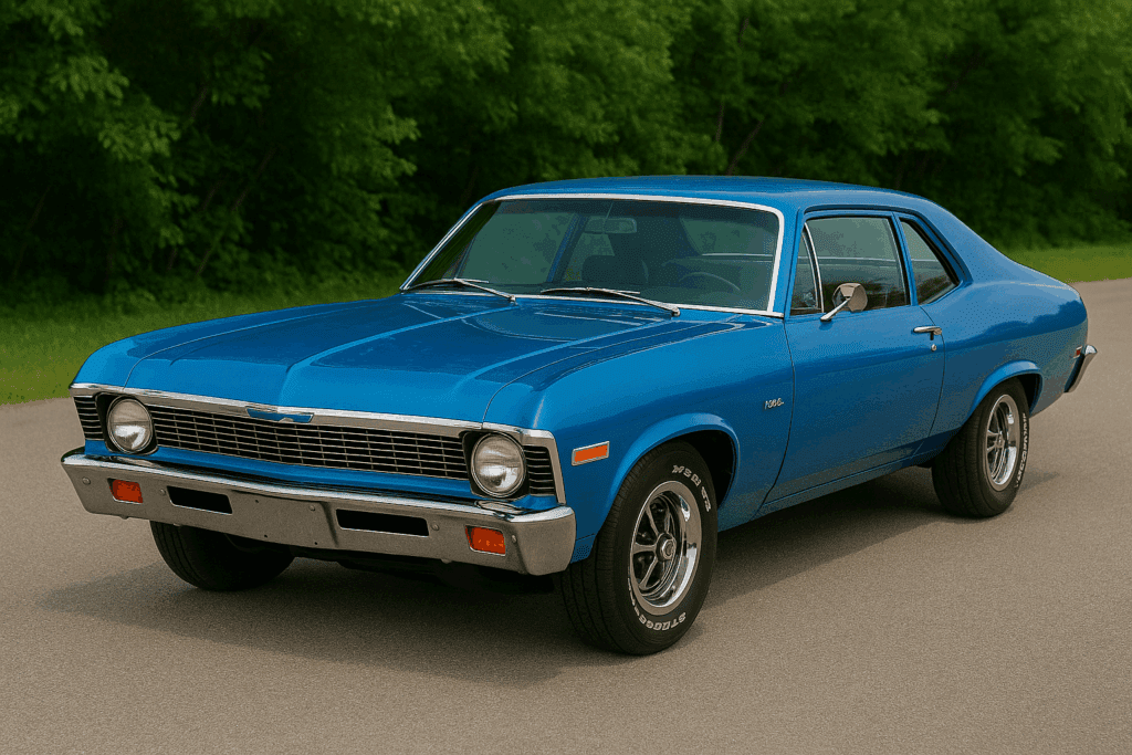 Blue 1969 Chevrolet Nova SS with chrome trim parked outdoors at an angle