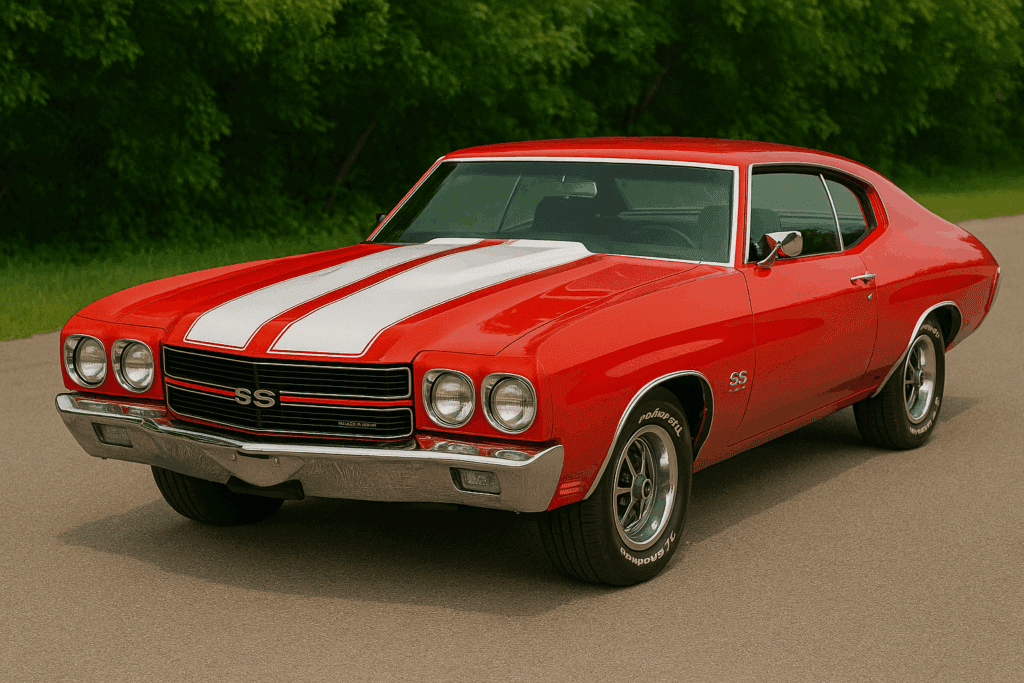 Red 1970 Chevrolet Chevelle SS 454 with white racing stripes parked outdoors