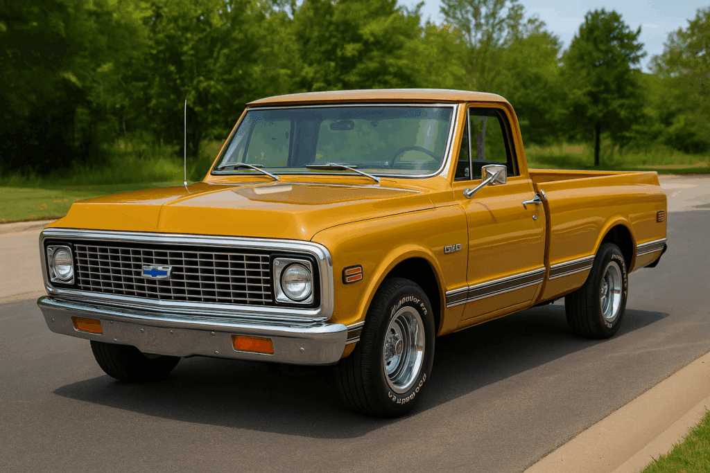 Restored 1972 Chevrolet C10 pickup truck in ochre yellow with chrome trim parked outdoors