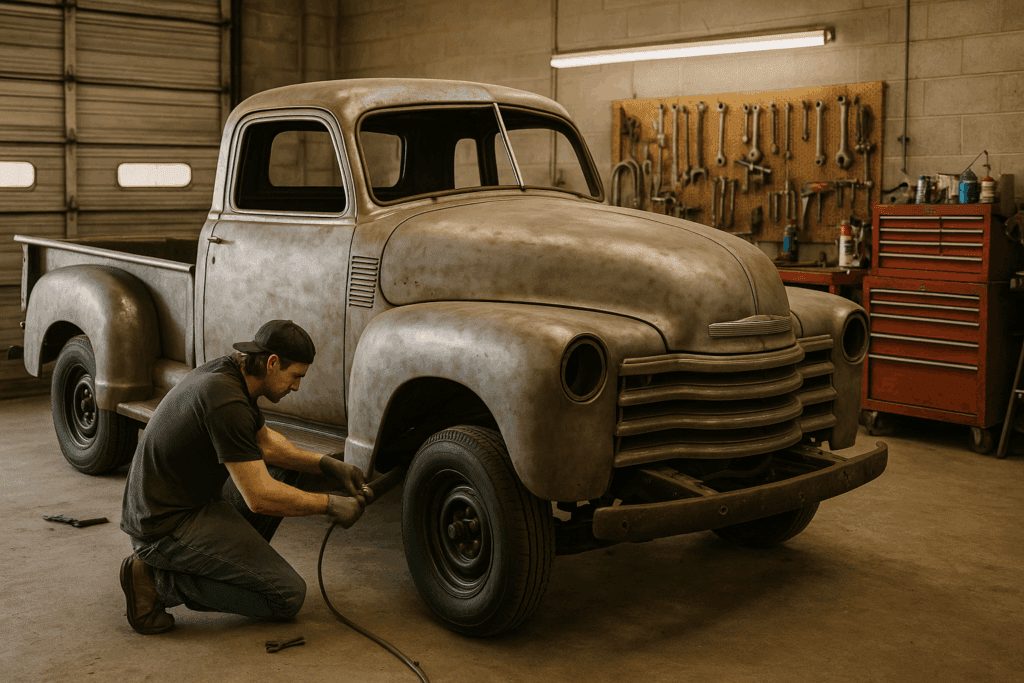 Restorer working on an Advance Design Chevy 3100 pickup frame in a garage