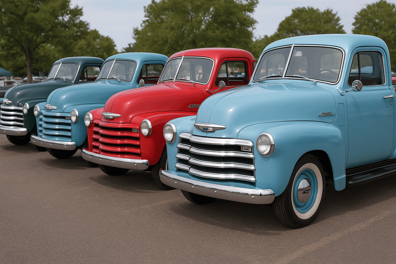 Lineup of restored Advance Design Chevy trucks from 1947 to 1955 at a classic car show