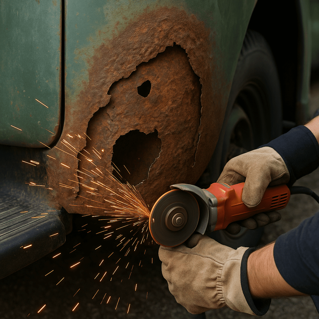 Cutting out the rusted cab corner on a Chevy 3100