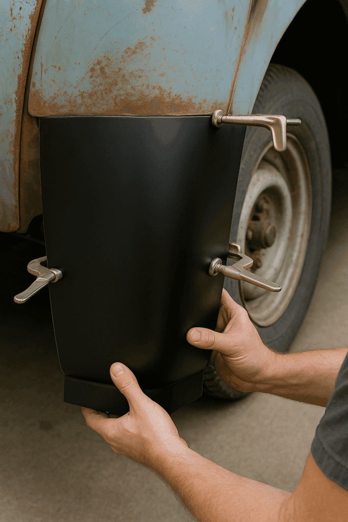 Test fitting a new cab corner patch on a Chevy 3100 truck