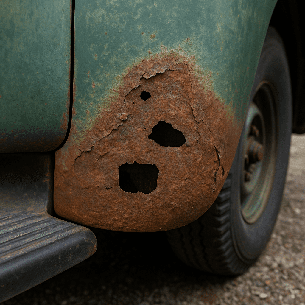 Rust damage on a 1949 Chevy 3100 cab corner panel