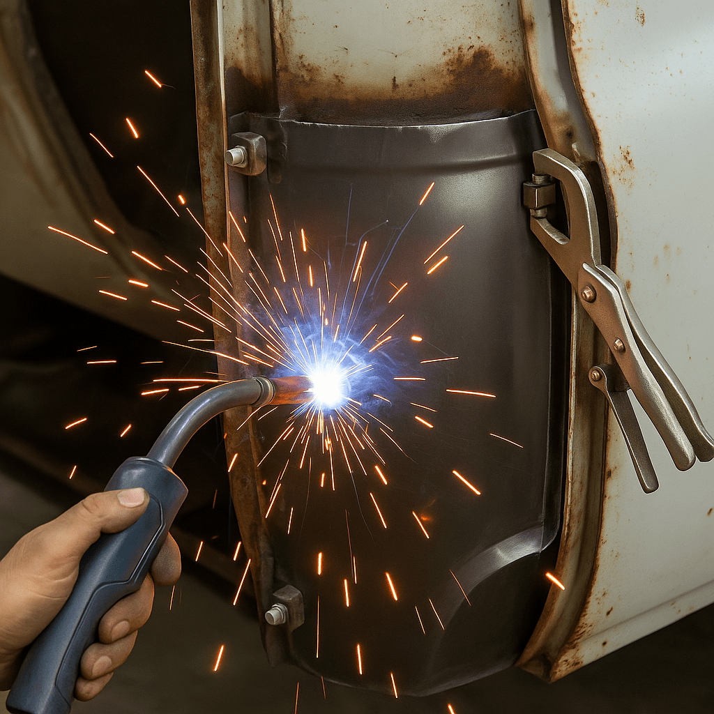 Welding a replacement cab corner panel on a Chevy truck