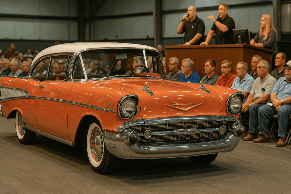 Restored Chevrolet Bel Air crossing the block at a classic car auction with bidders in the background