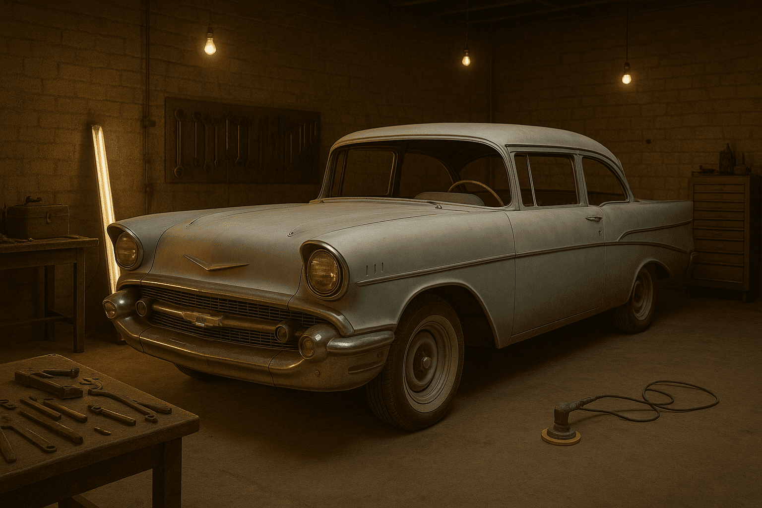 Chevrolet bodywork and paint restoration process with sanding and masking in progress