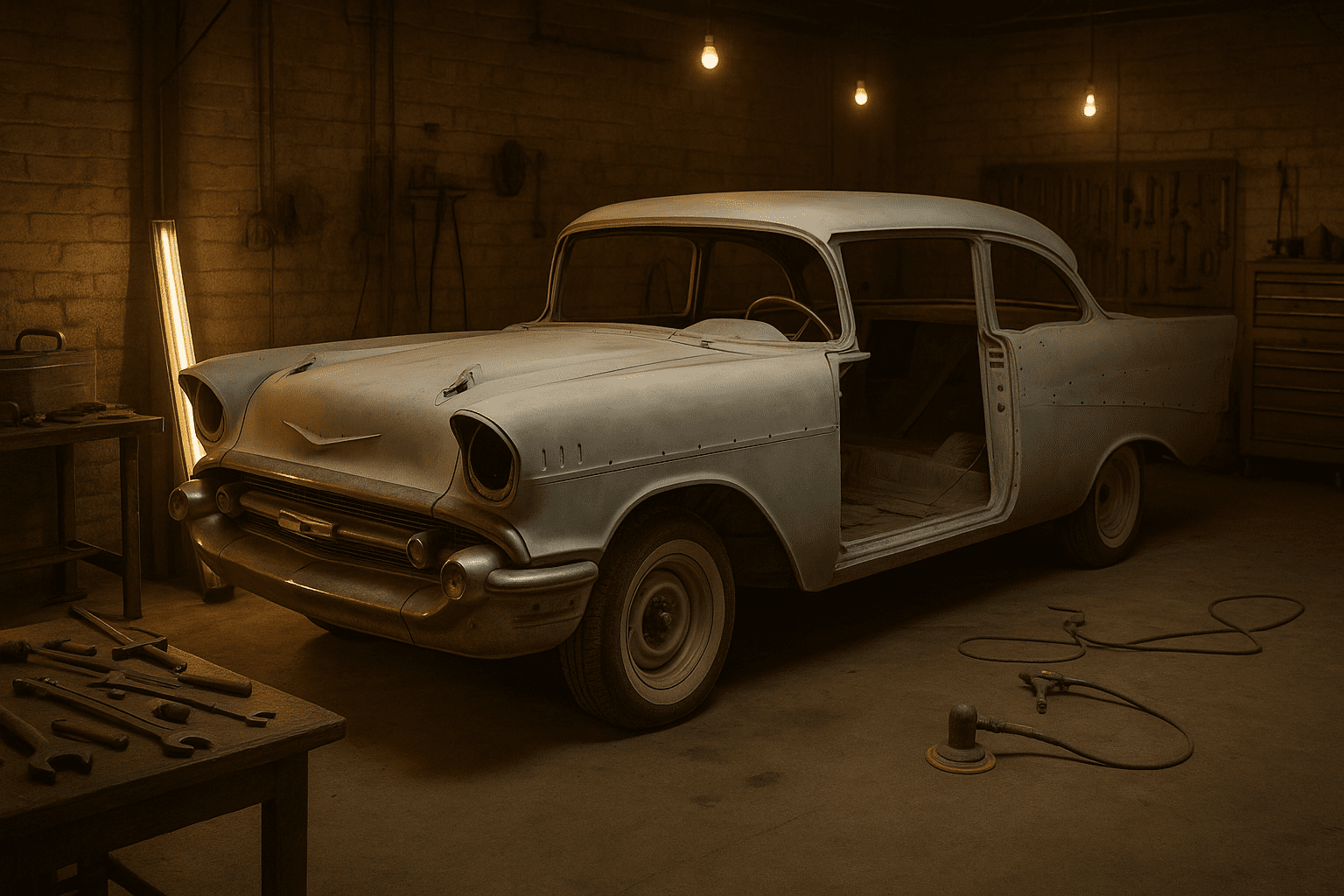 Classic 1957 Chevy Bel Air undergoing full restoration in a garage with tools and primered body panels