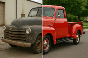 Split view of a Chevrolet 3100 pickup before restoration and after full restoration