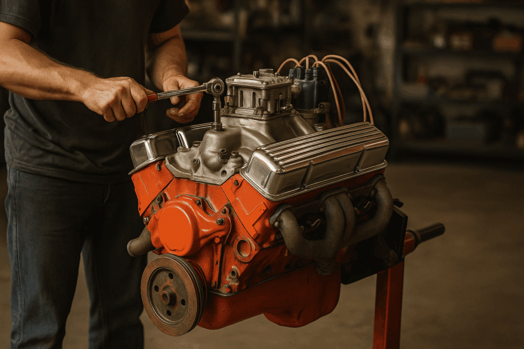 Mechanic rebuilding a small-block Chevy engine on a stand with chrome valve covers