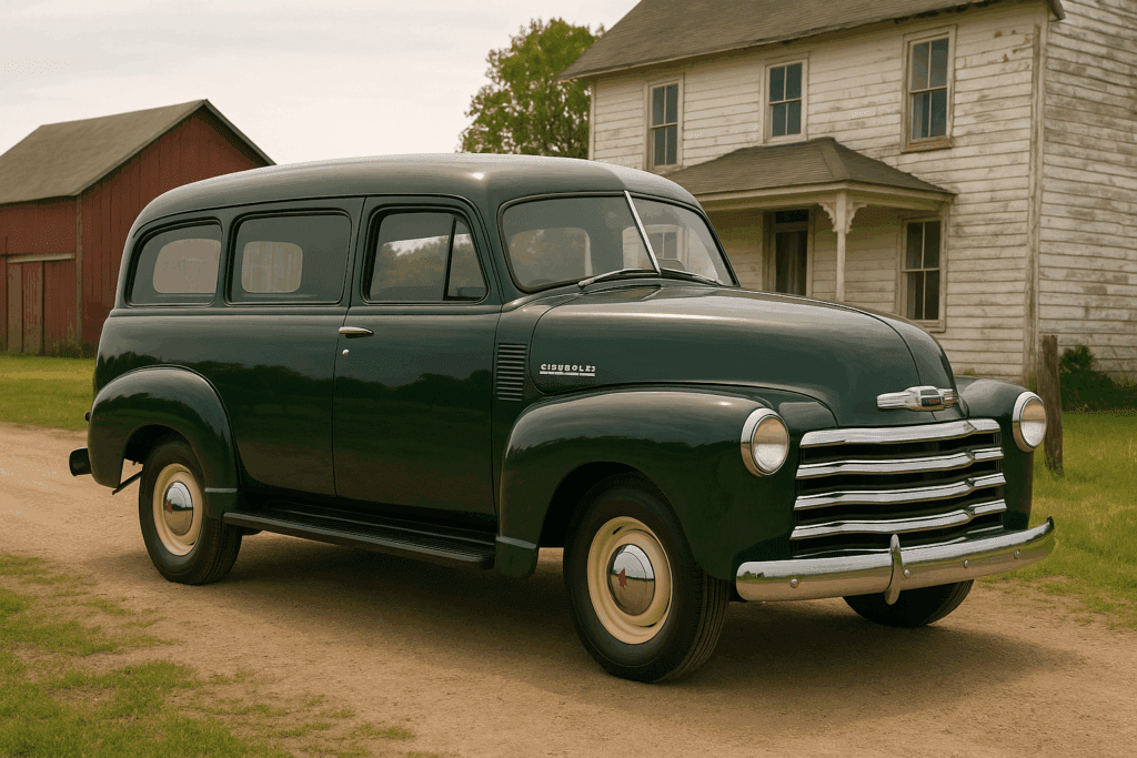 Vintage Chevrolet Suburban Carryall from the Advance Design era parked near a farmhouse