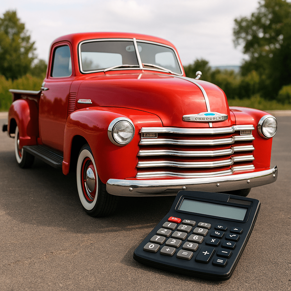 Vintage red Chevrolet pickup truck with calculator symbolizing classic car value estimation