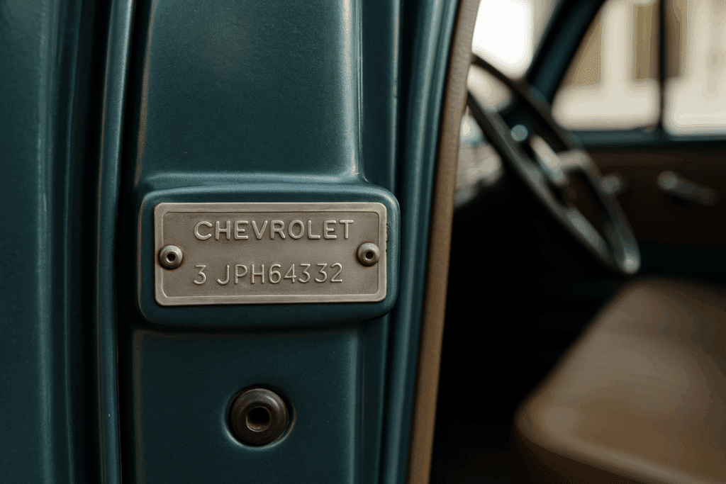 Close-up of a vintage Chevrolet VIN plate on the driver-side door jamb of a restored truck