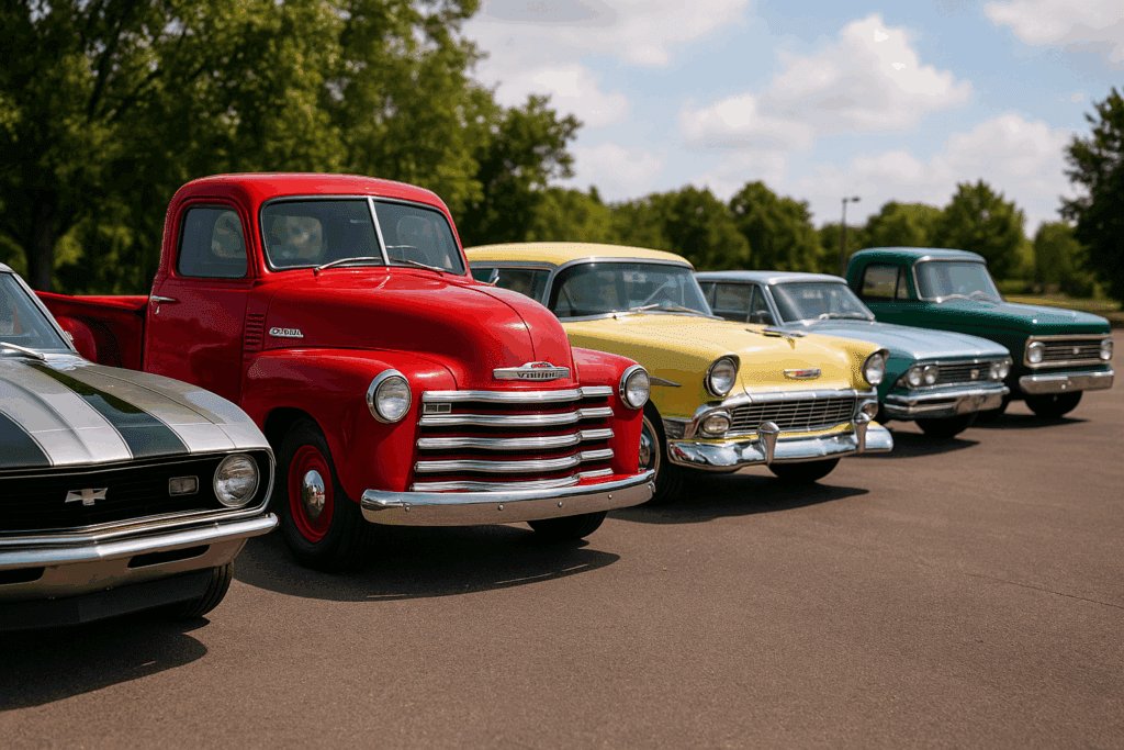 Lineup of restored classic Chevrolet cars and trucks including Bel Air, Impala, Camaro, and Chevy pickups at a car show