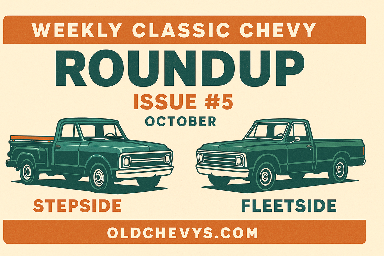 intage-style featured image for OldChevys Weekly Newsletter Issue #5. Retro cream background with bold title “Classic Chevy Truck – October” and illustration of a classic Chevrolet truck