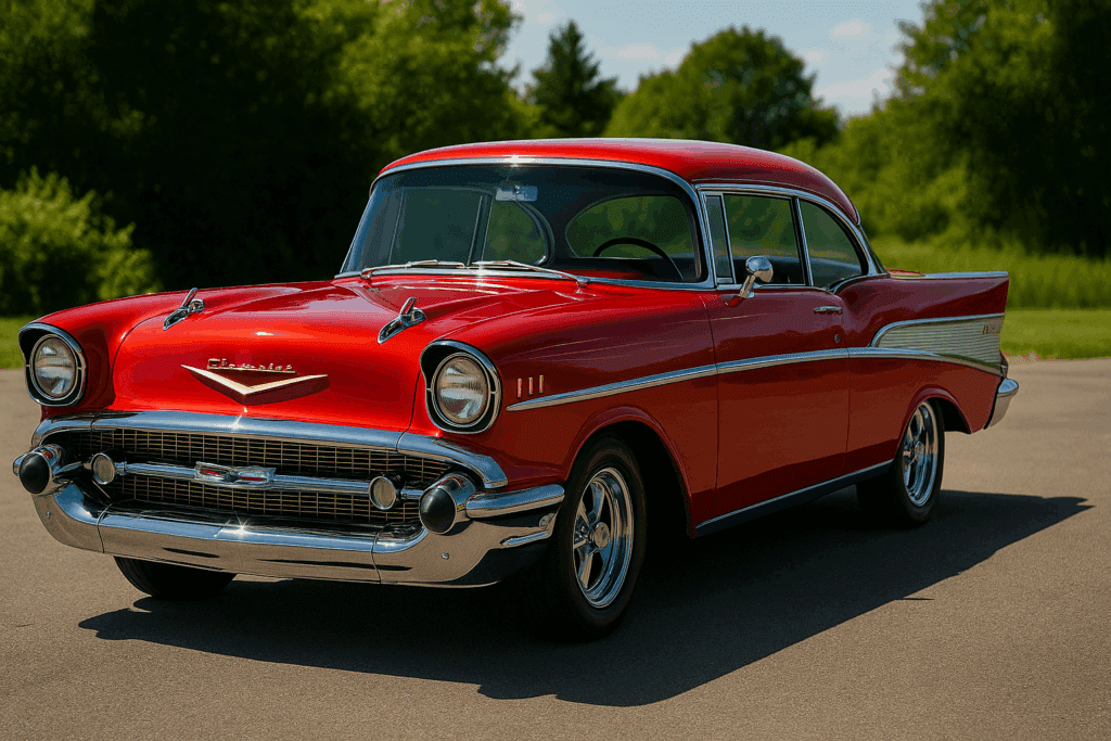 Fully restored classic Chevy Bel Air gleaming in sunlight after full restoration
