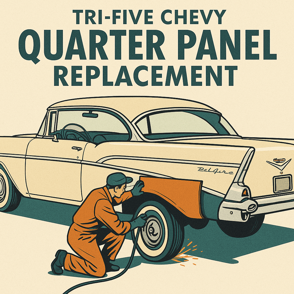 1957 Chevy quarter panel being fitted to Bel Air body