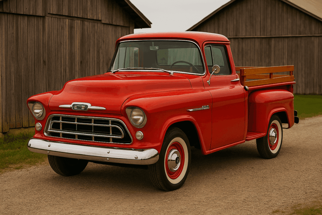 1955 Chevy Task Force truck in red with wooden bed parked beside a rustic barn.