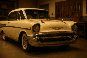 Restored 1957 Chevy Bel Air driving down an empty road at sunset with golden-hour lighting.