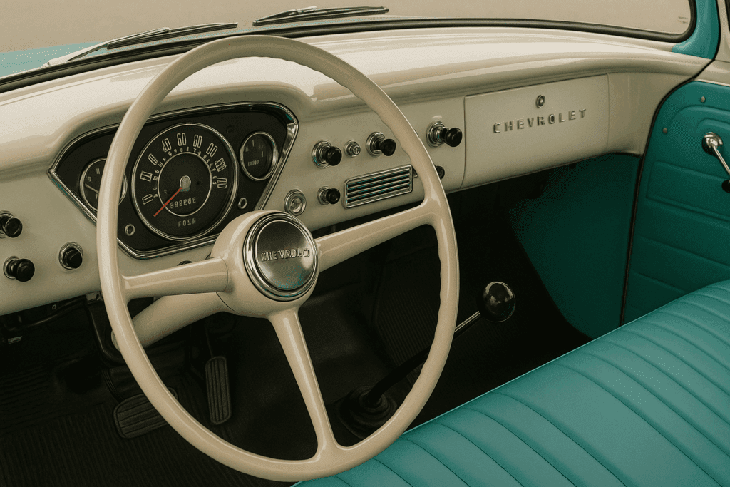Interior of a 1957 Chevy Task Force truck with two-tone dashboard, chrome trim, and vintage gauges.