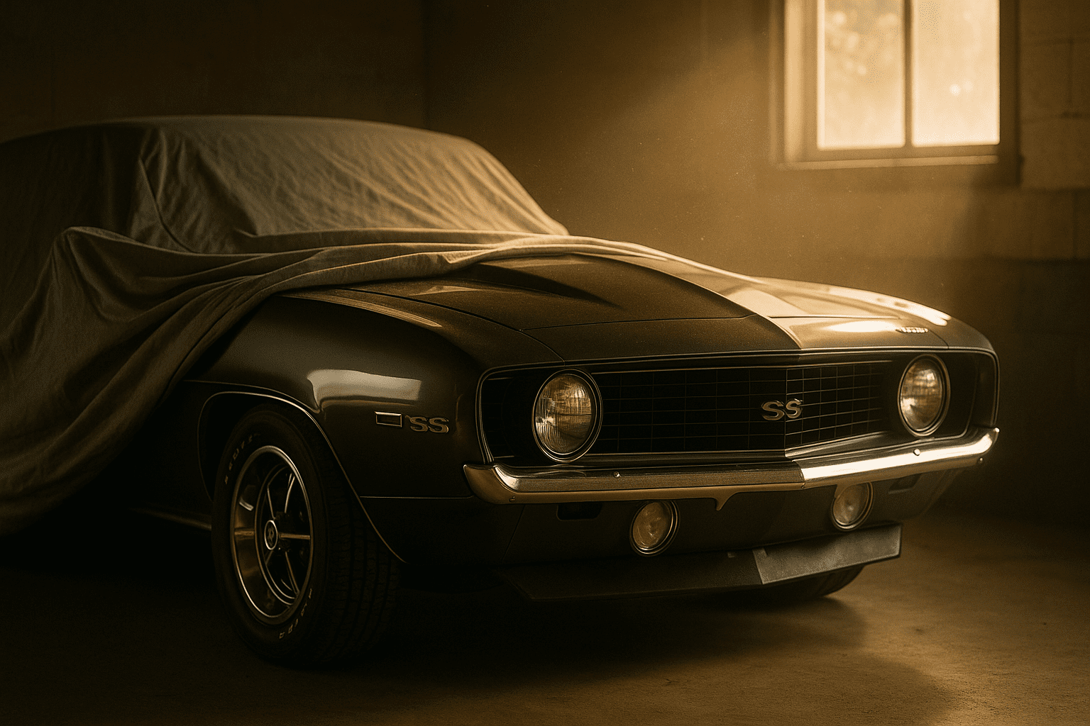 1969 Chevy Camaro SS partially covered in a secure garage with warm light and dust in the air.